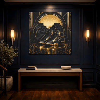 Mockup 4. Vintage Sneakers Black And Gold shown as canvas print