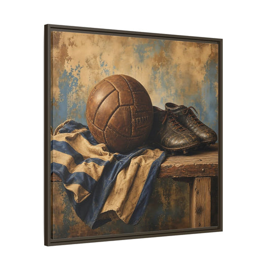 Main Mockup. Vintage Soccer Still Life shown as framed canvas print