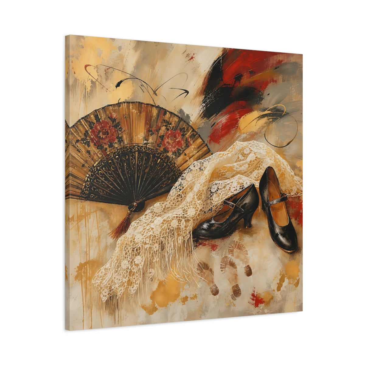 Main Mockup. Vintage Spanish Fan Brown And Gold shown as canvas print