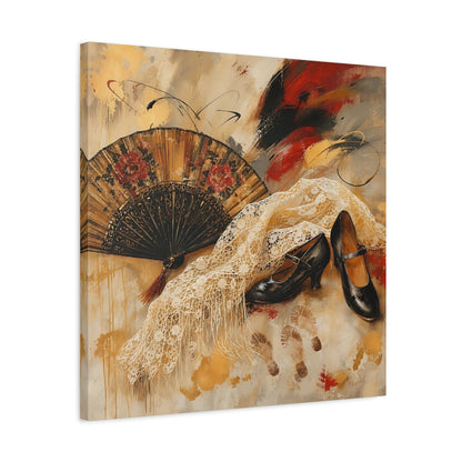 Side Mockup 4. Vintage Spanish Fan Brown And Gold shown as canvas print