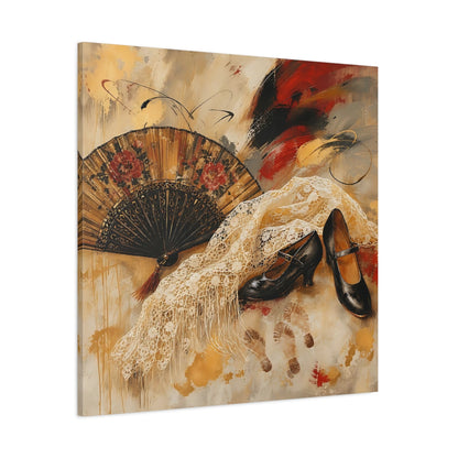 Side Mockup 1. Vintage Spanish Fan Brown And Gold shown as canvas print