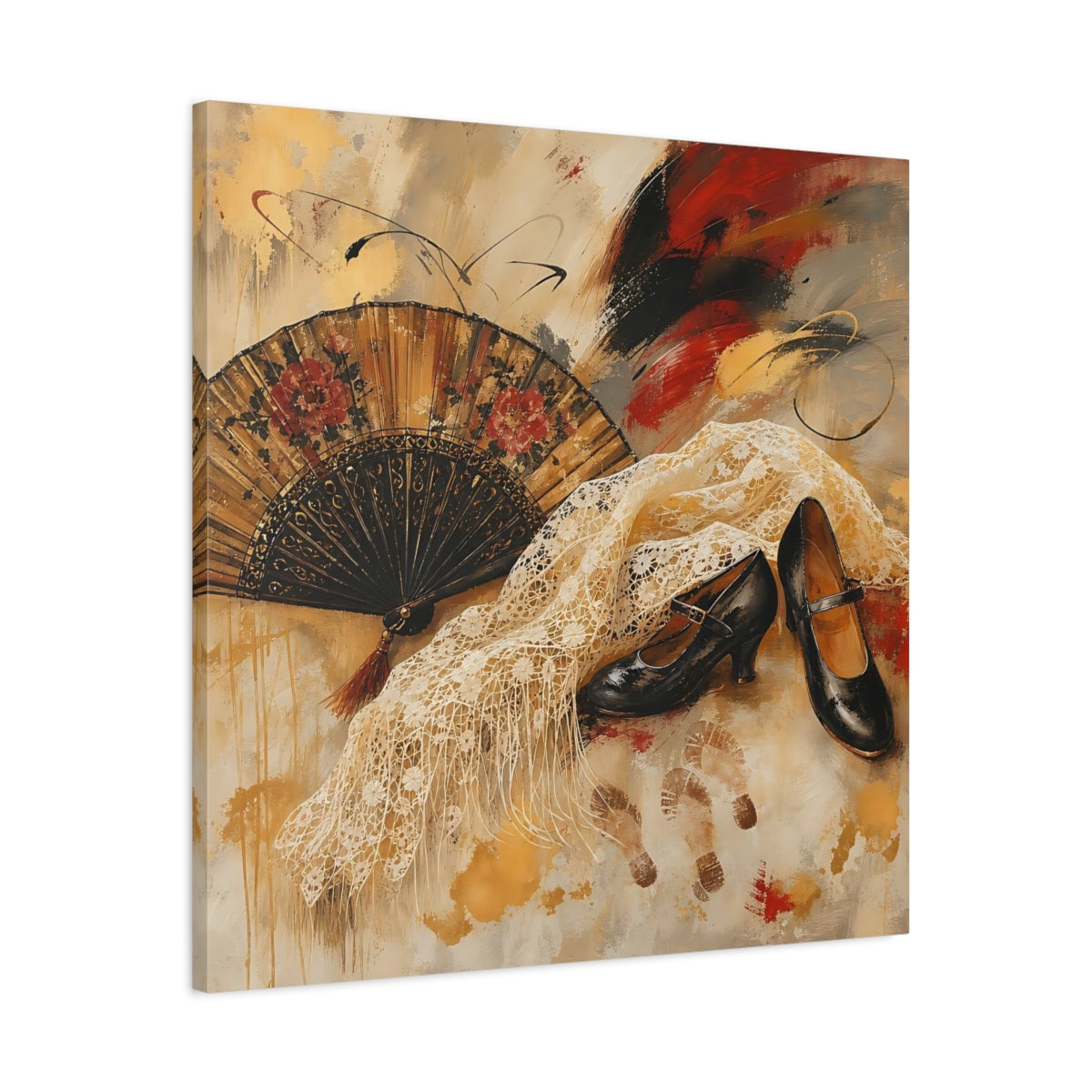 Side Mockup 3. Vintage Spanish Fan Brown And Gold shown as canvas print
