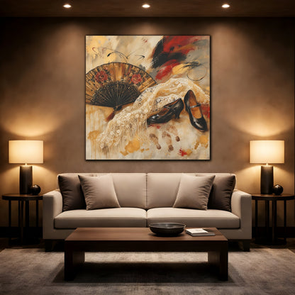 Mockup 2. Vintage Spanish Fan Brown And Gold shown as canvas print
