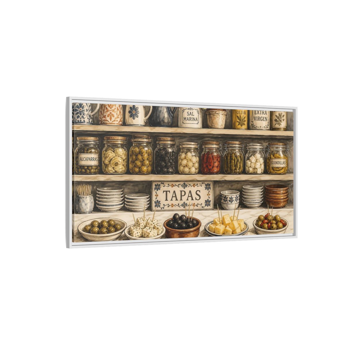 Side Mockup 3. Vintage Spanish Tapas Vintage Spanish Tapas shown as framed canvas print