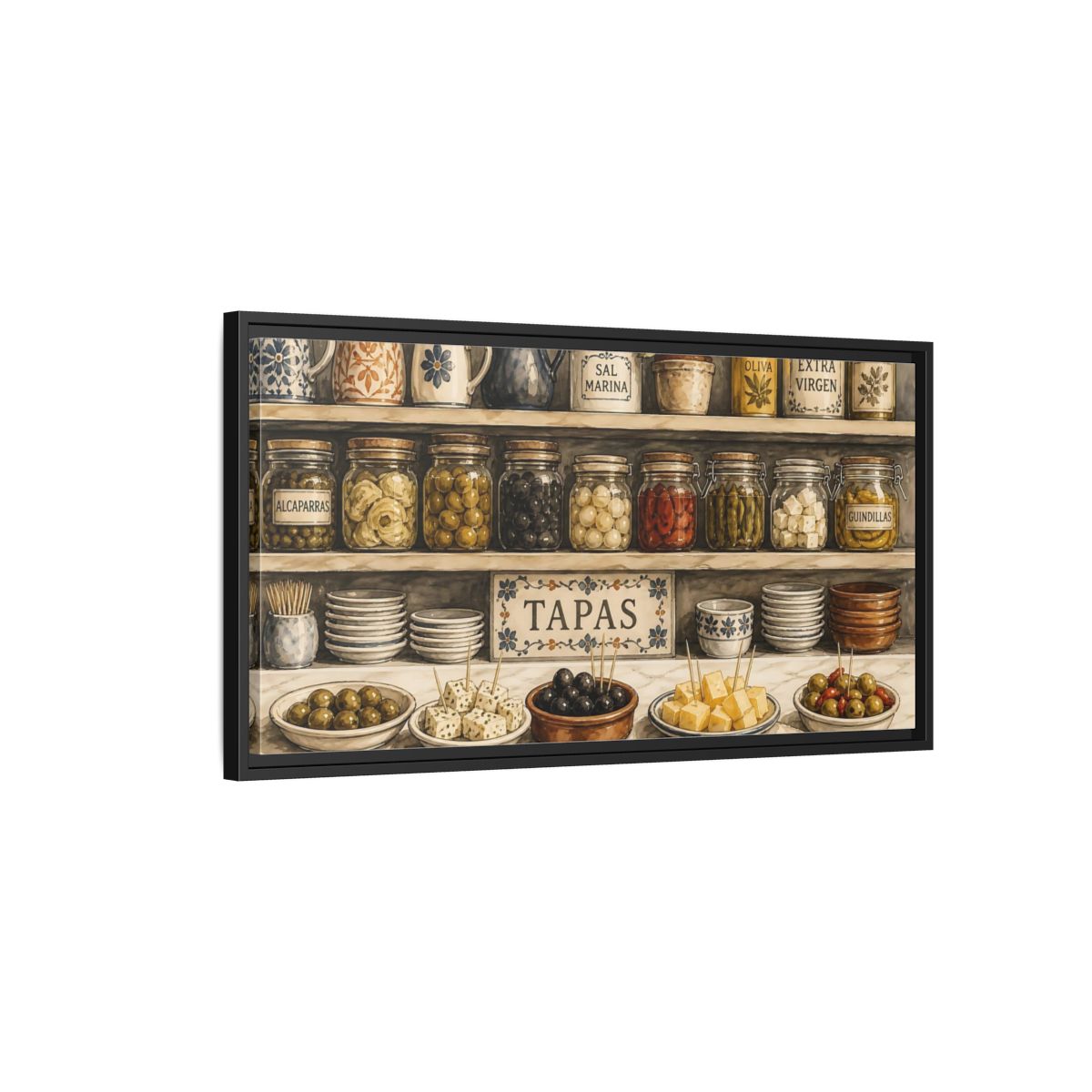 Side Mockup 2. Vintage Spanish Tapas Vintage Spanish Tapas shown as framed canvas print
