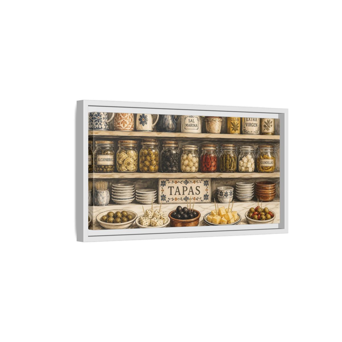 Side Mockup 6. Vintage Spanish Tapas Vintage Spanish Tapas shown as framed canvas print