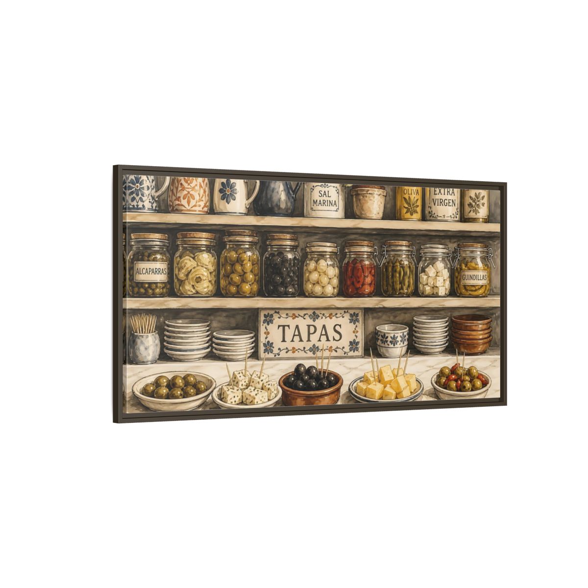 Side Mockup 4. Vintage Spanish Tapas Vintage Spanish Tapas shown as framed canvas print