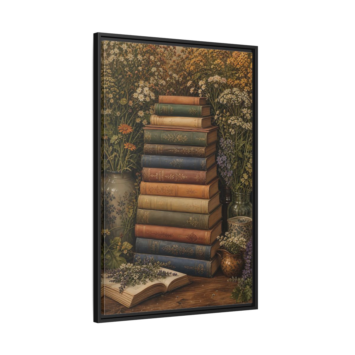 Side Mockup 13. Vintage Stack Of Books Vintage Books shown as stretched canvas wall art