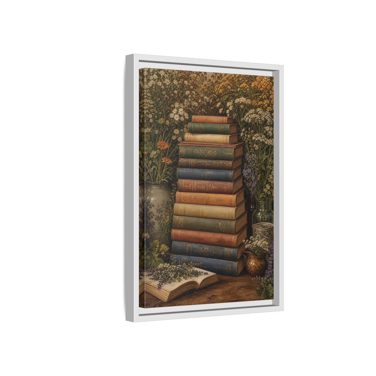 Side Mockup 4. Vintage Stack Of Books Vintage Books shown as stretched canvas wall art