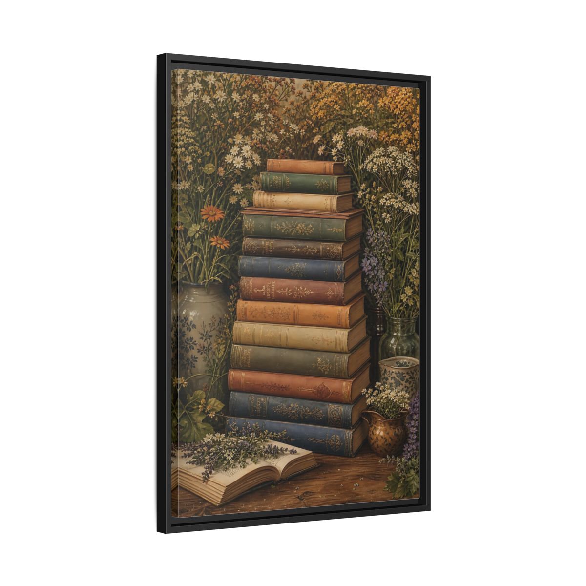 Side Mockup 14. Vintage Stack Of Books Vintage Books shown as stretched canvas wall art