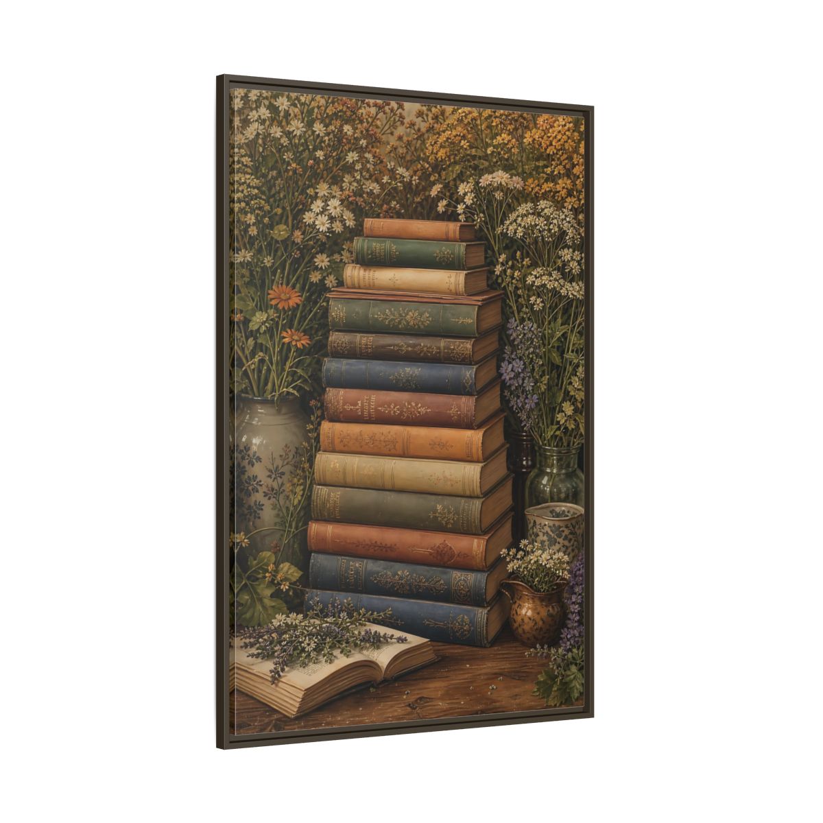 Side Mockup 8. Vintage Stack Of Books Vintage Books shown as stretched canvas wall art