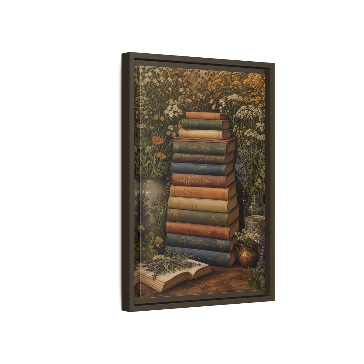 Side Mockup 5. Vintage Stack Of Books Vintage Books shown as stretched canvas wall art
