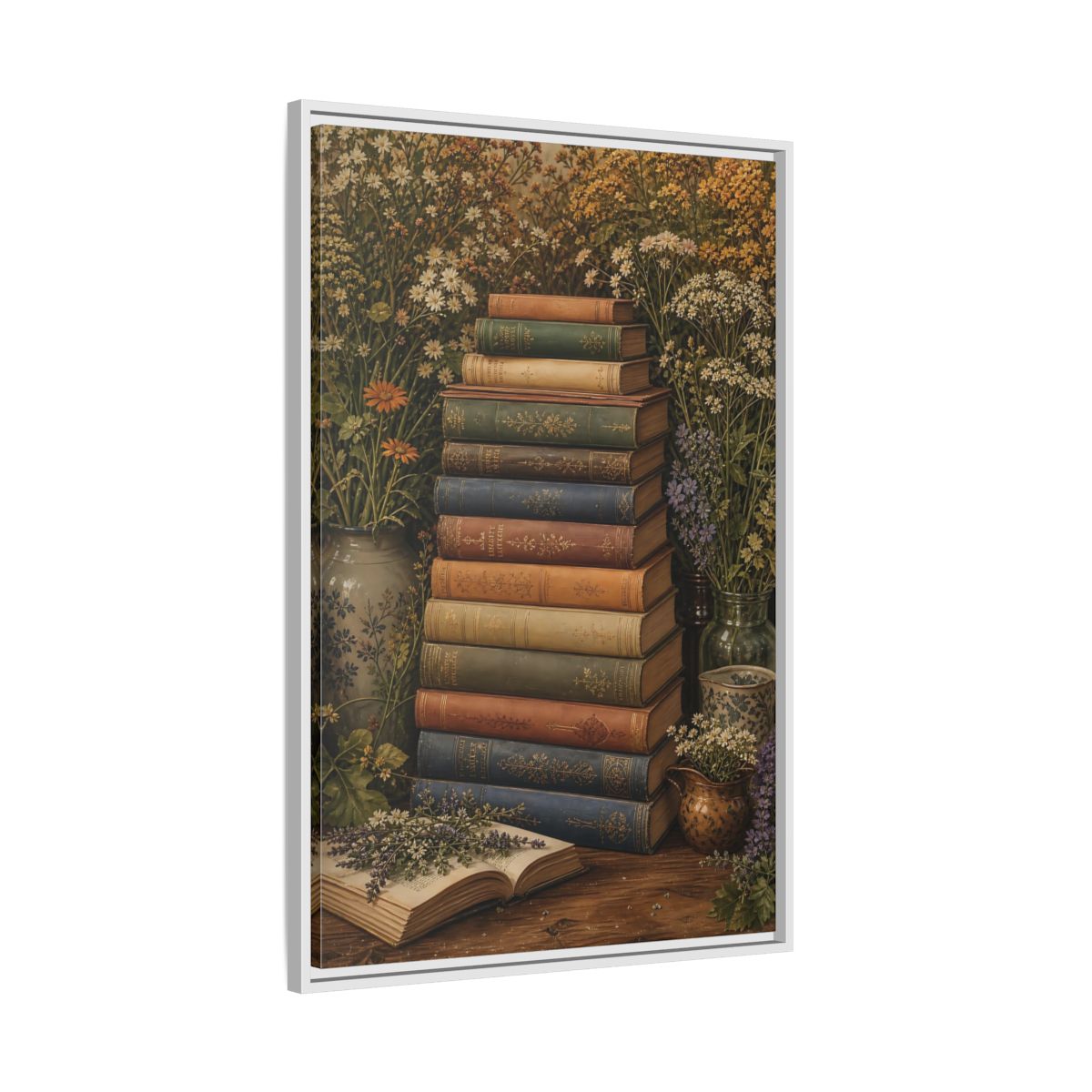 Side Mockup 9. Vintage Stack Of Books Vintage Books shown as stretched canvas wall art