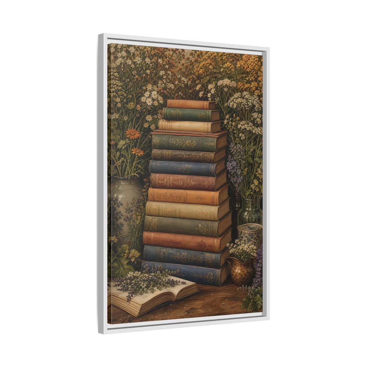 Side Mockup 10. Vintage Stack Of Books Vintage Books shown as stretched canvas wall art