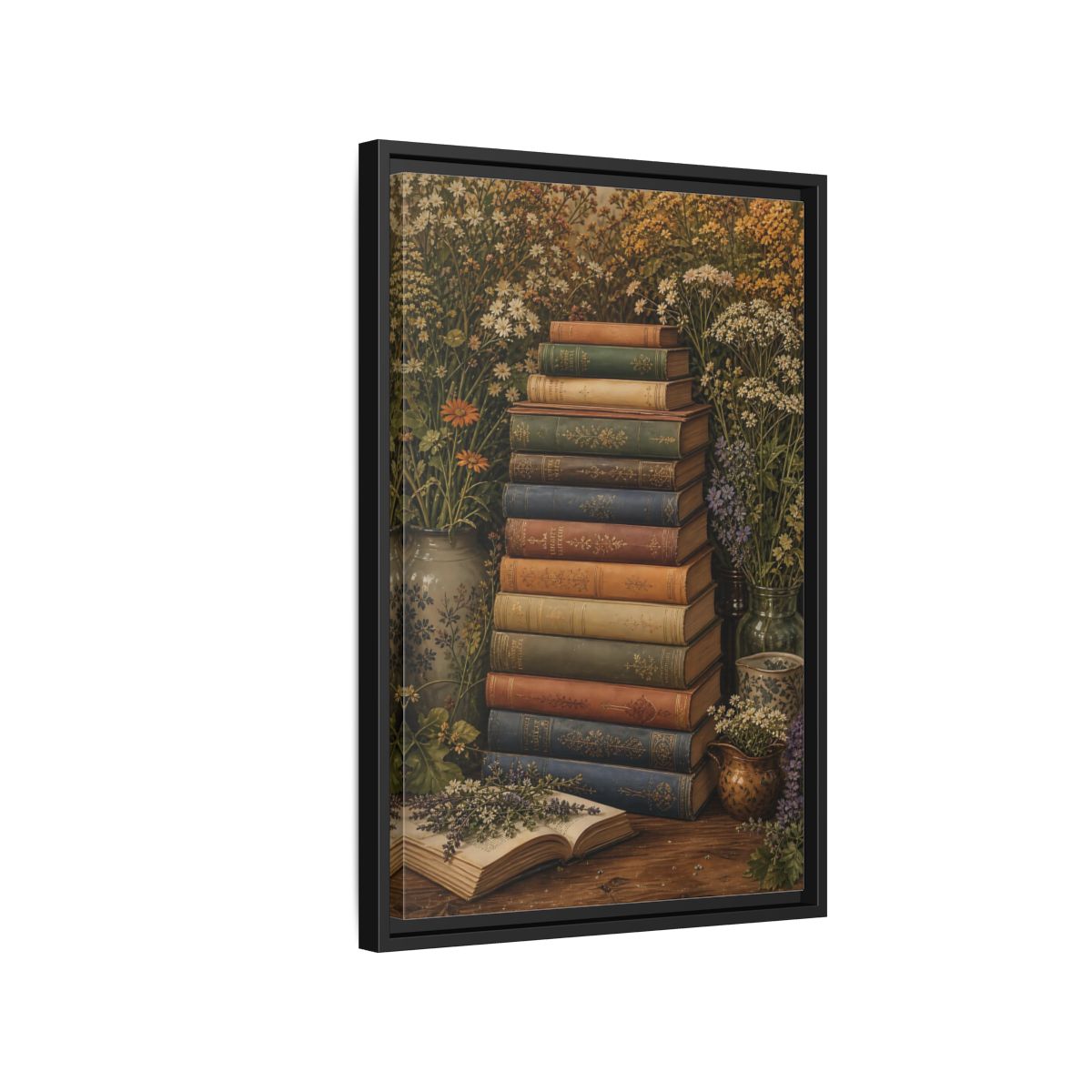 Side Mockup 3. Vintage Stack Of Books Vintage Books shown as stretched canvas wall art