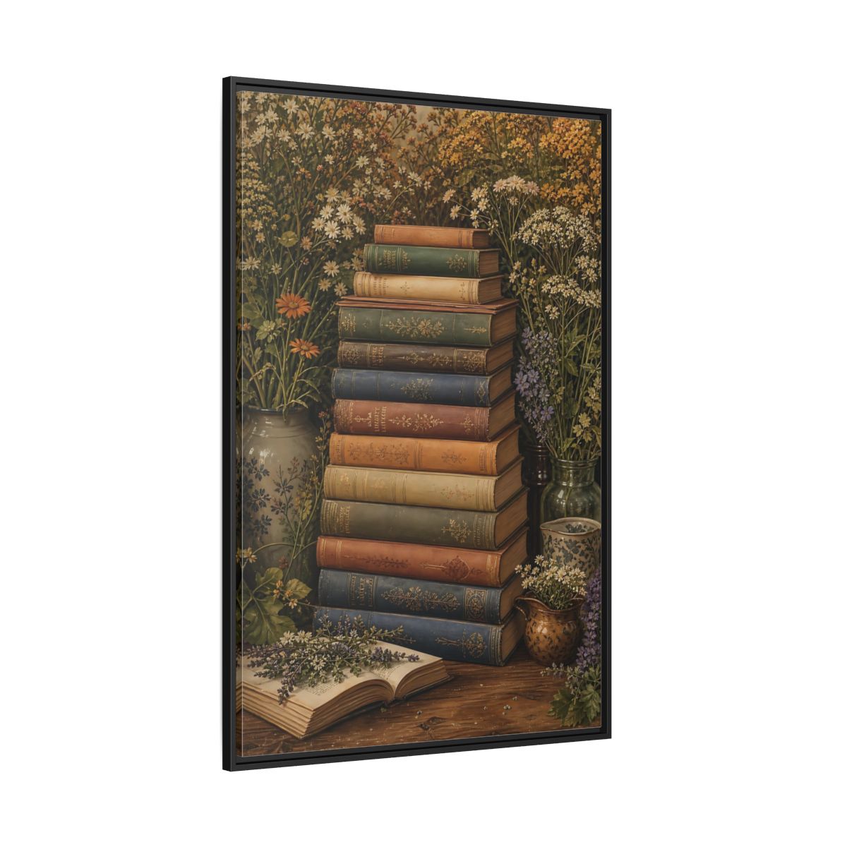 Side Mockup 12. Vintage Stack Of Books Vintage Books shown as stretched canvas wall art
