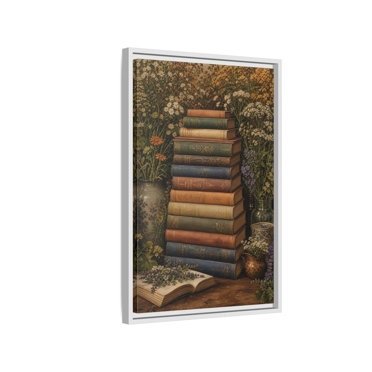 Side Mockup 1. Vintage Stack Of Books Vintage Books shown as stretched canvas wall art