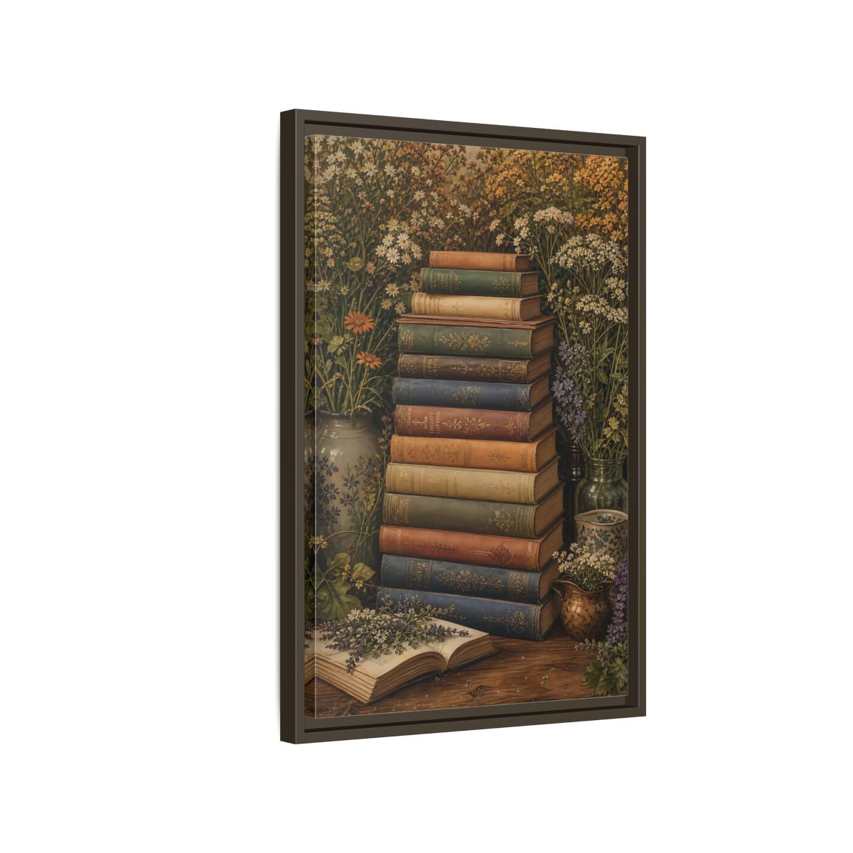 Side Mockup 2. Vintage Stack Of Books Vintage Books shown as stretched canvas wall art