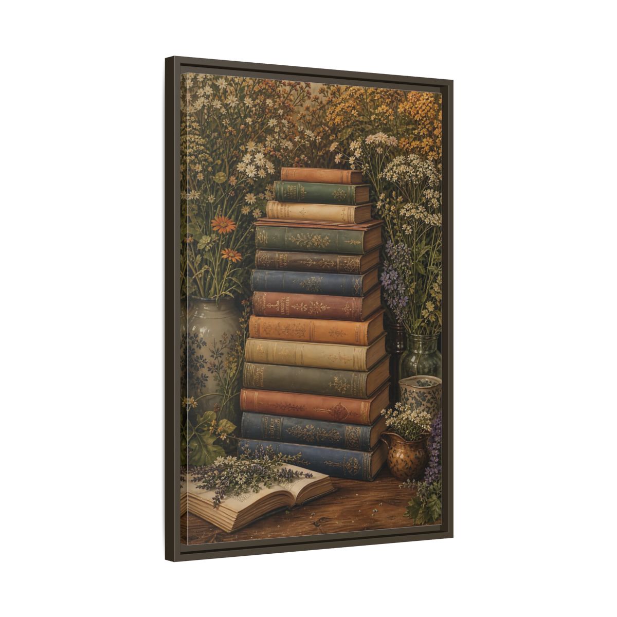 Side Mockup 11. Vintage Stack Of Books Vintage Books shown as stretched canvas wall art