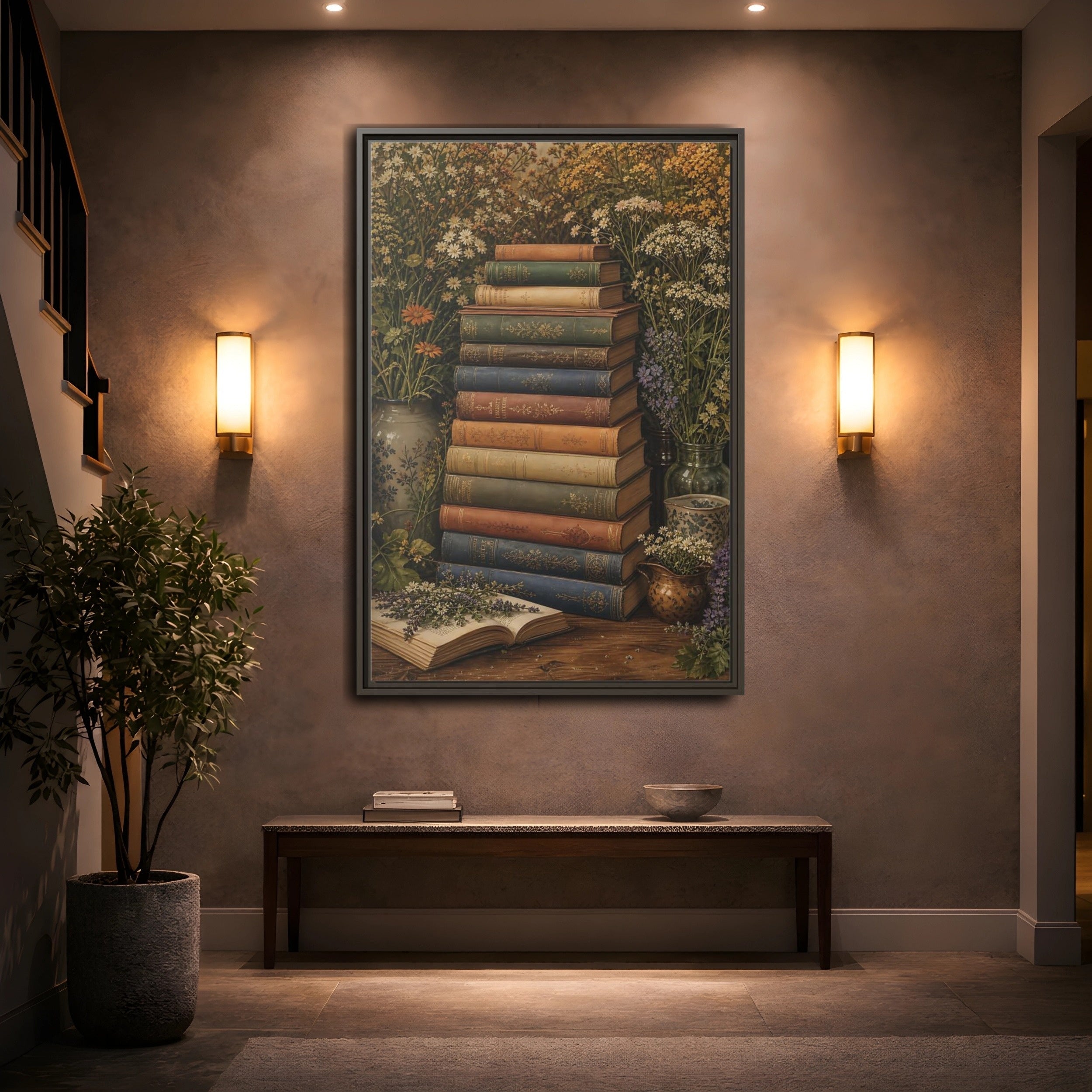 Mockup 2. Vintage Stack Of Books Vintage Books shown as stretched canvas wall art