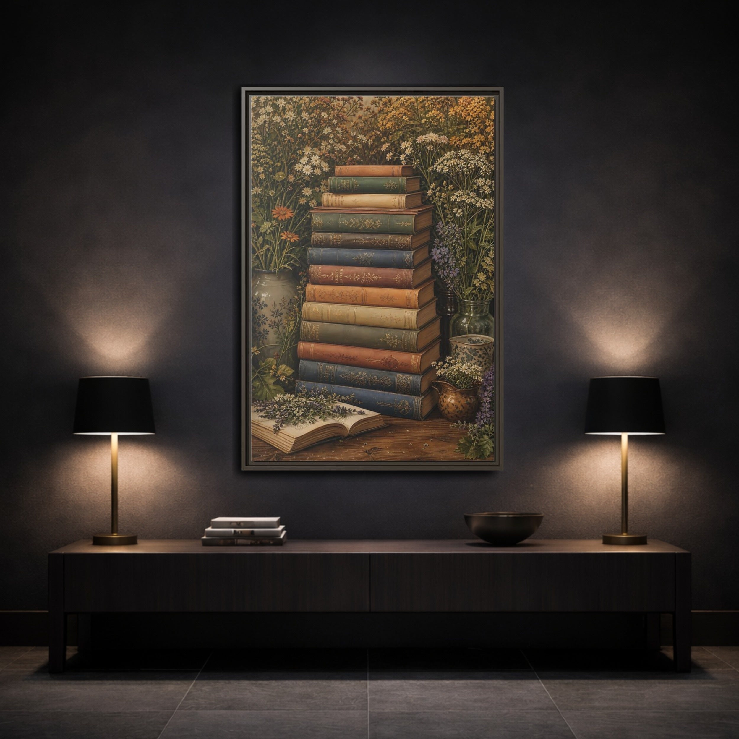 Mockup 3. Vintage Stack Of Books Vintage Books shown as stretched canvas wall art