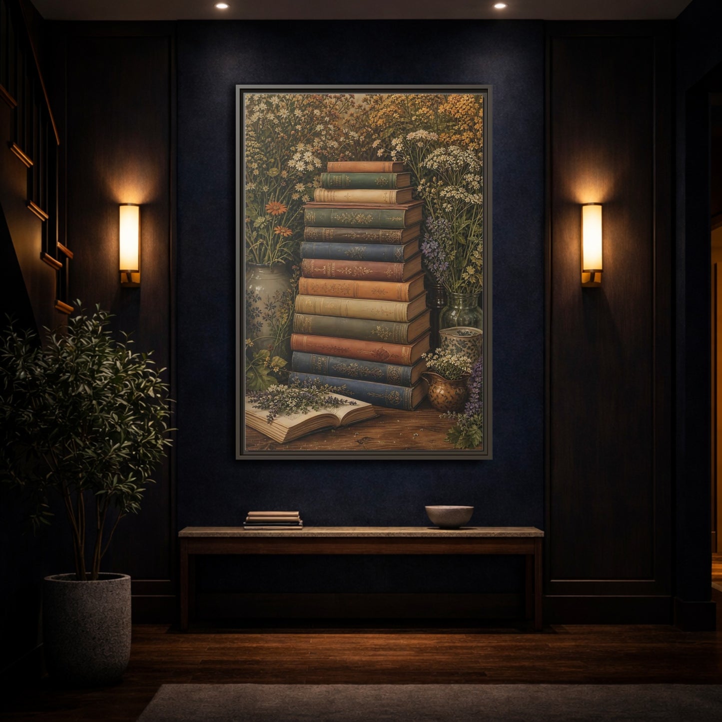Vintage Stack of Books Framed Canvas Wall Art - Living Room, Above Couch shown as canvas wall art