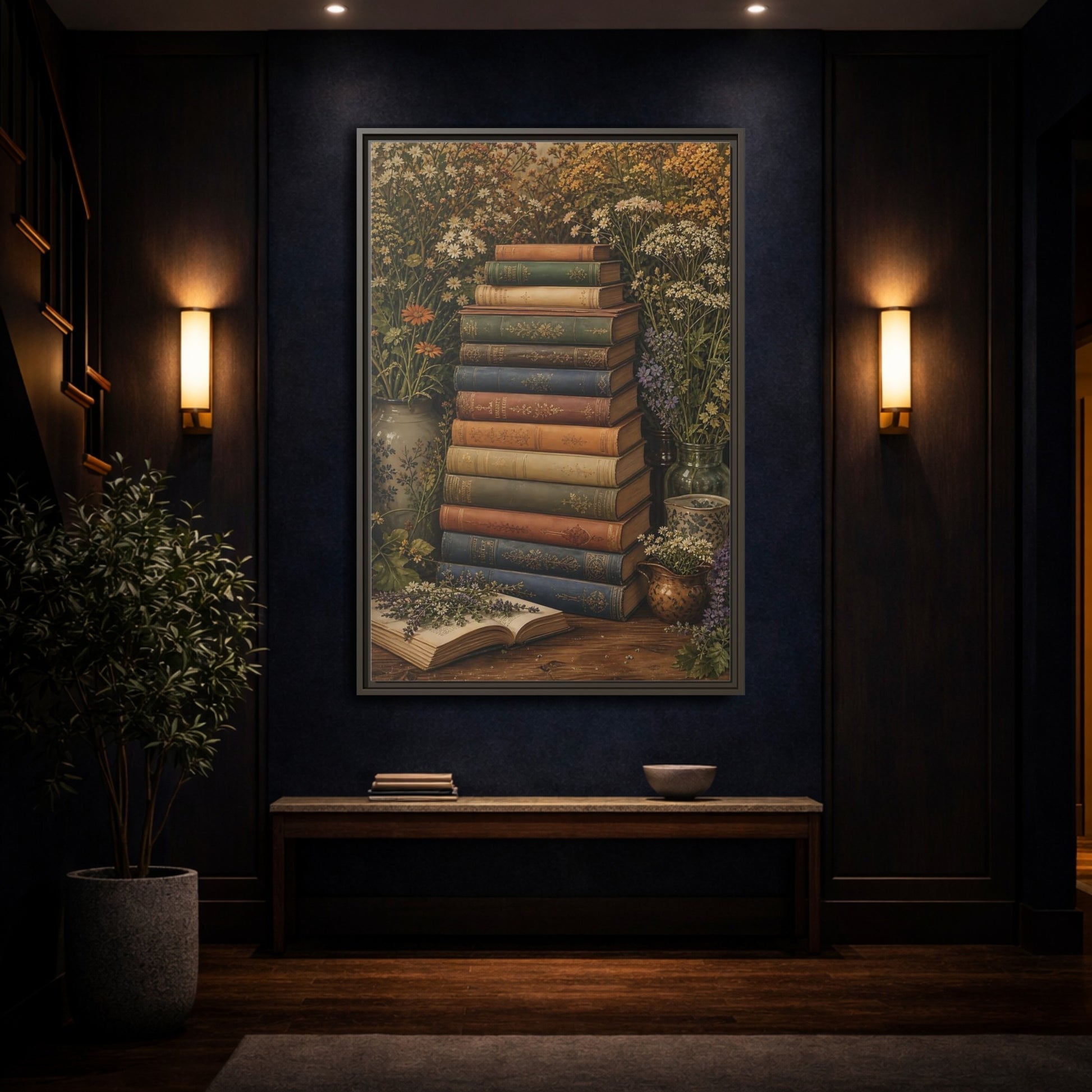 Vintage Stack of Books Framed Canvas Wall Art - Living Room, Above Couch shown as canvas wall art