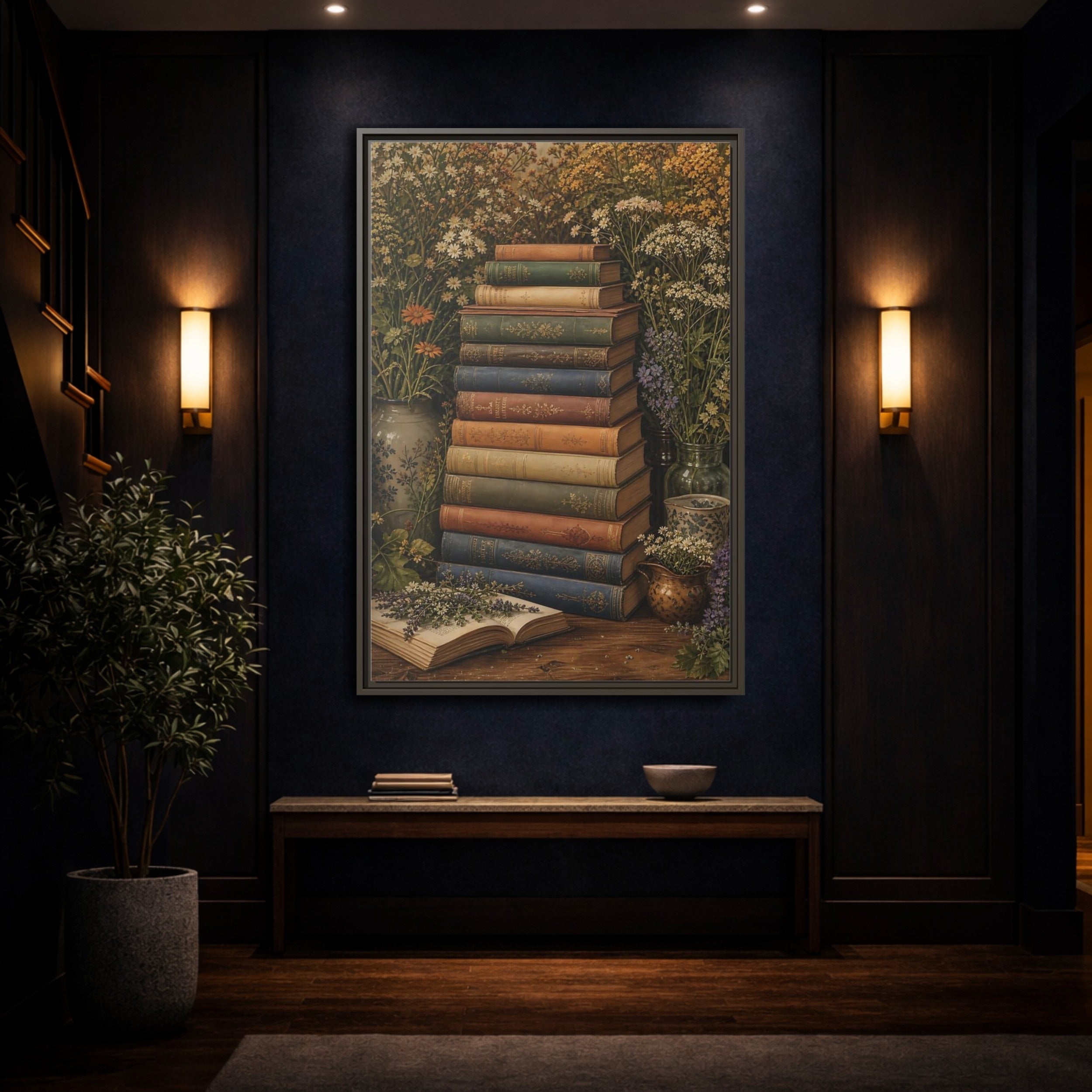 Mockup 4. Vintage Stack Of Books Vintage Books shown as stretched canvas wall art