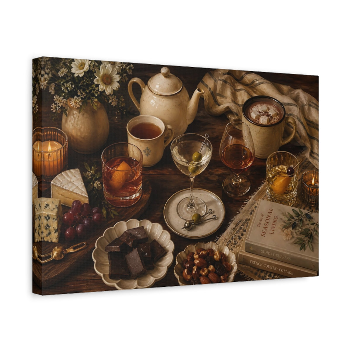 Side Mockup 4. Vintage Still Life Warm Still Life shown as stretched canvas wall art
