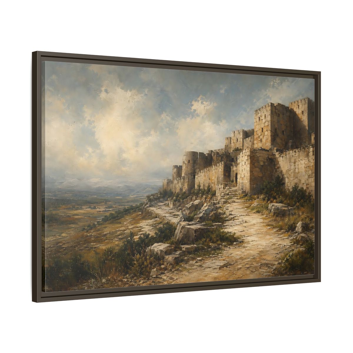 Main Mockup. Vintage Stone Fortress Brown And Gray shown as stretched canvas wall art