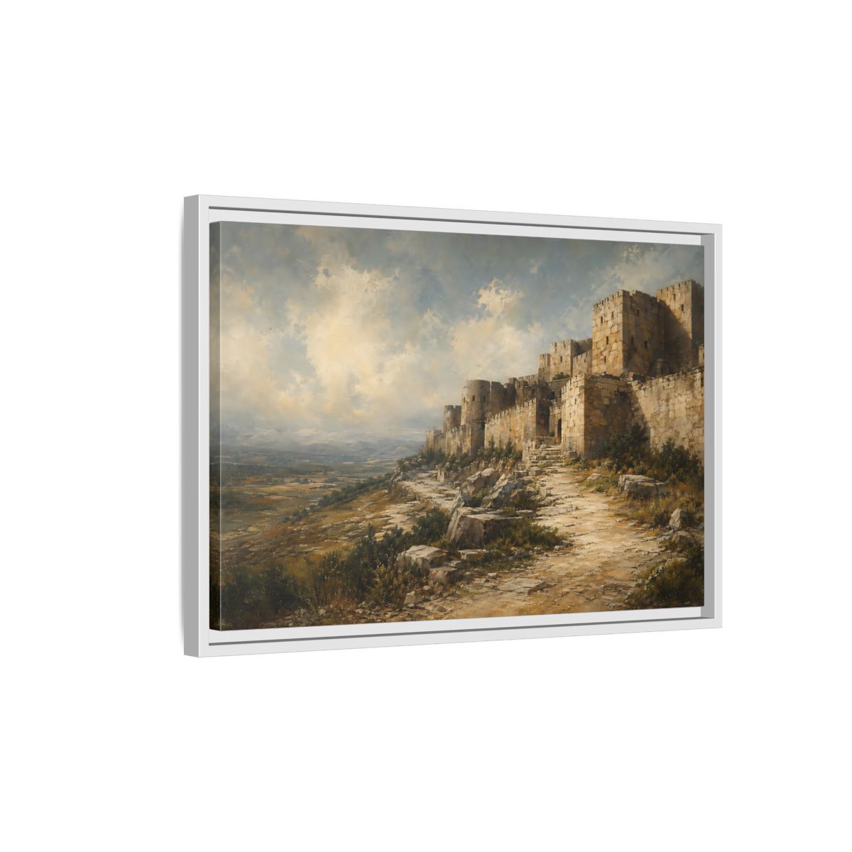 Side Mockup 1. Vintage Stone Fortress Brown And Gray shown as stretched canvas wall art