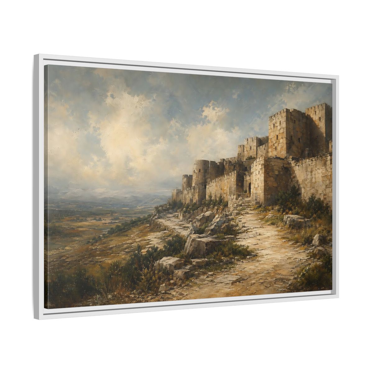 Side Mockup 9. Vintage Stone Fortress Brown And Gray shown as stretched canvas wall art