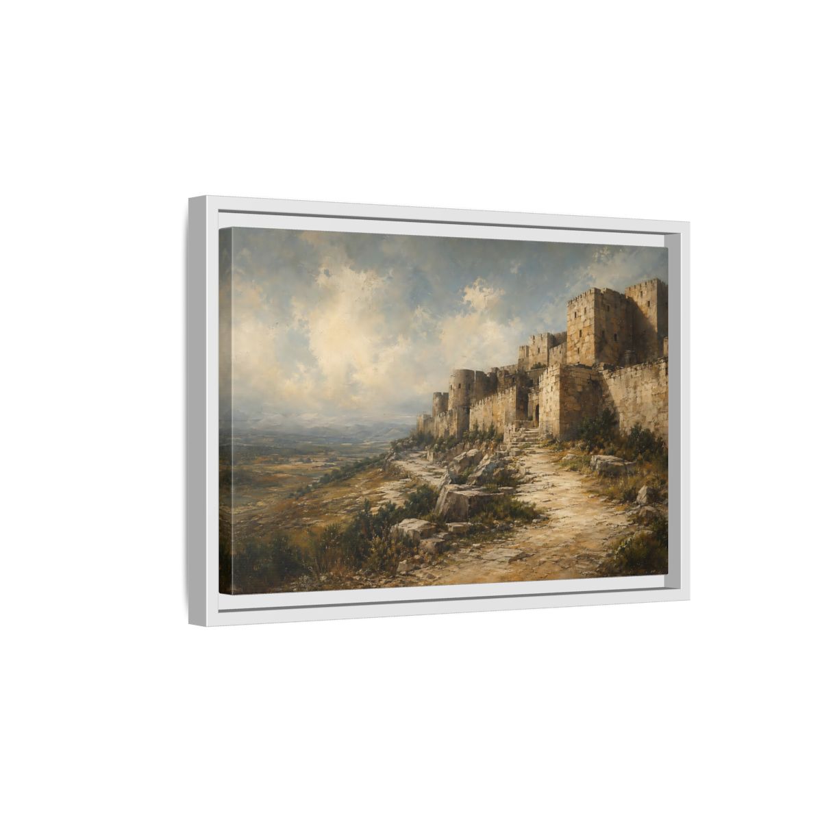 Side Mockup 4. Vintage Stone Fortress Brown And Gray shown as stretched canvas wall art
