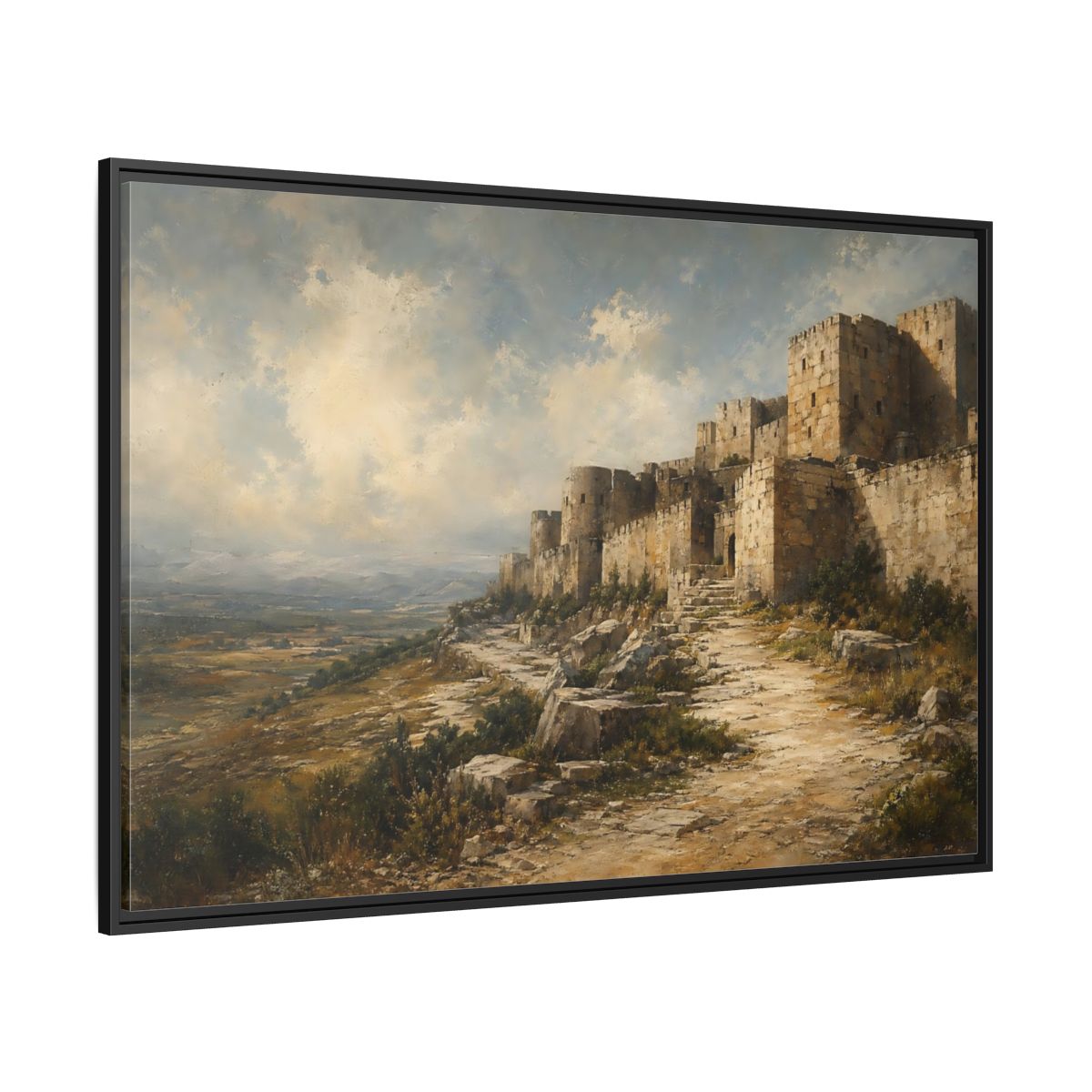 Side Mockup 12. Vintage Stone Fortress Brown And Gray shown as stretched canvas wall art
