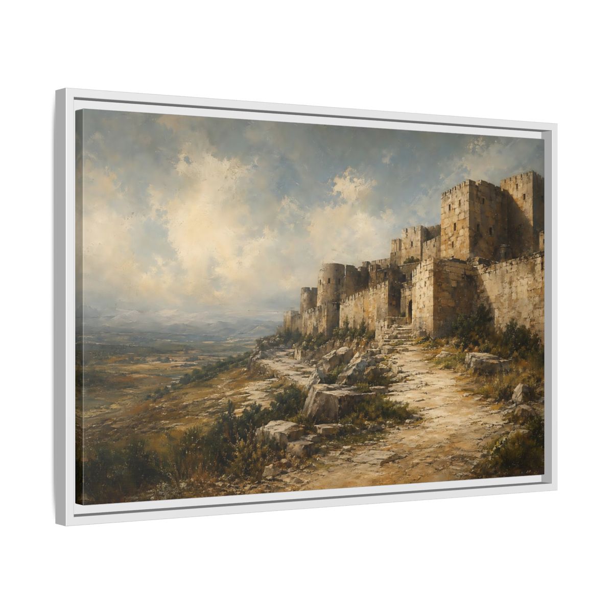 Side Mockup 10. Vintage Stone Fortress Brown And Gray shown as stretched canvas wall art