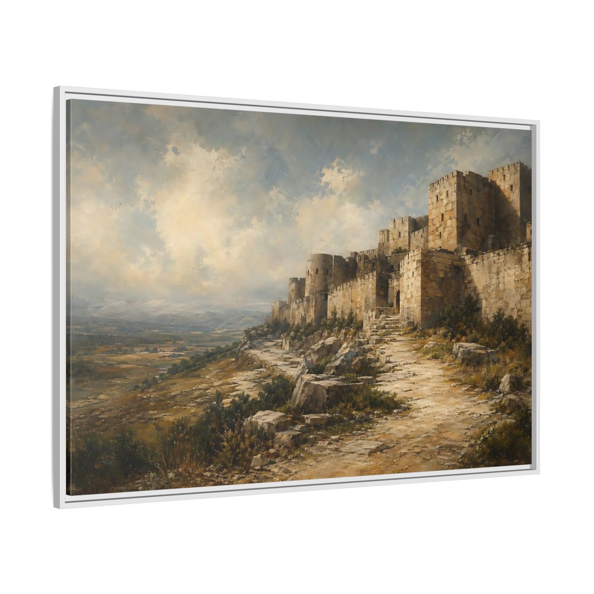 Side Mockup 7. Vintage Stone Fortress Brown And Gray shown as stretched canvas wall art