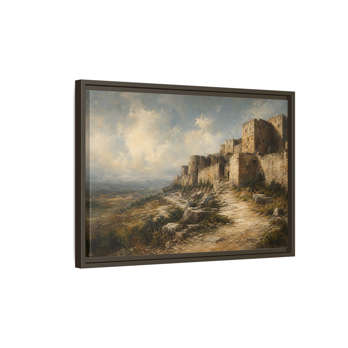 Side Mockup 2. Vintage Stone Fortress Brown And Gray shown as stretched canvas wall art