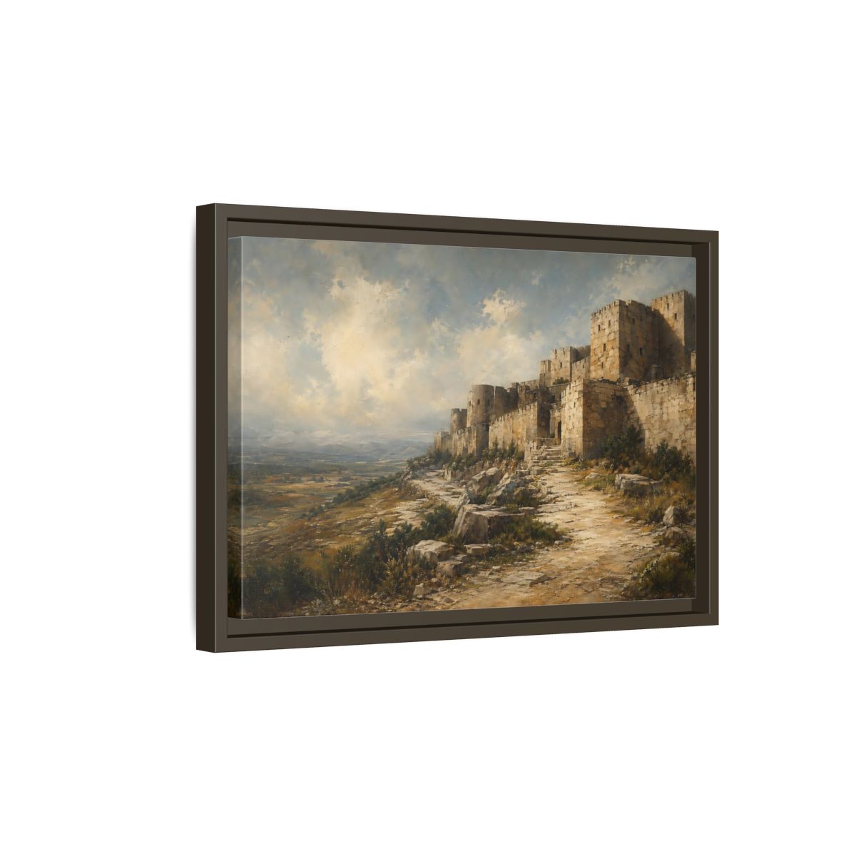 Side Mockup 5. Vintage Stone Fortress Brown And Gray shown as stretched canvas wall art