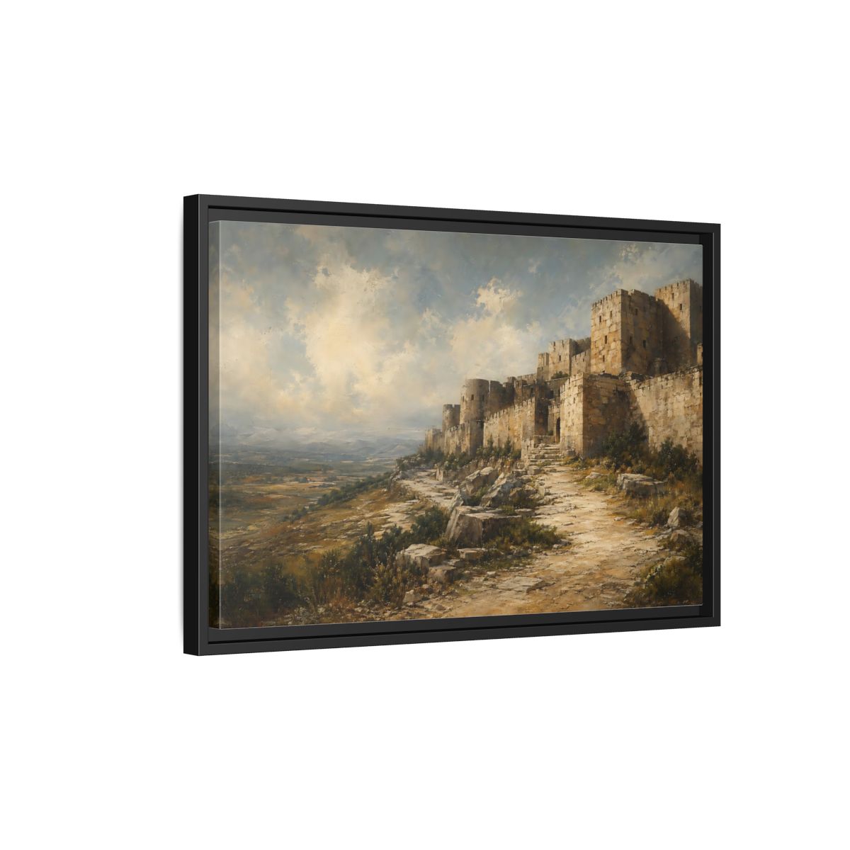 Side Mockup 3. Vintage Stone Fortress Brown And Gray shown as stretched canvas wall art