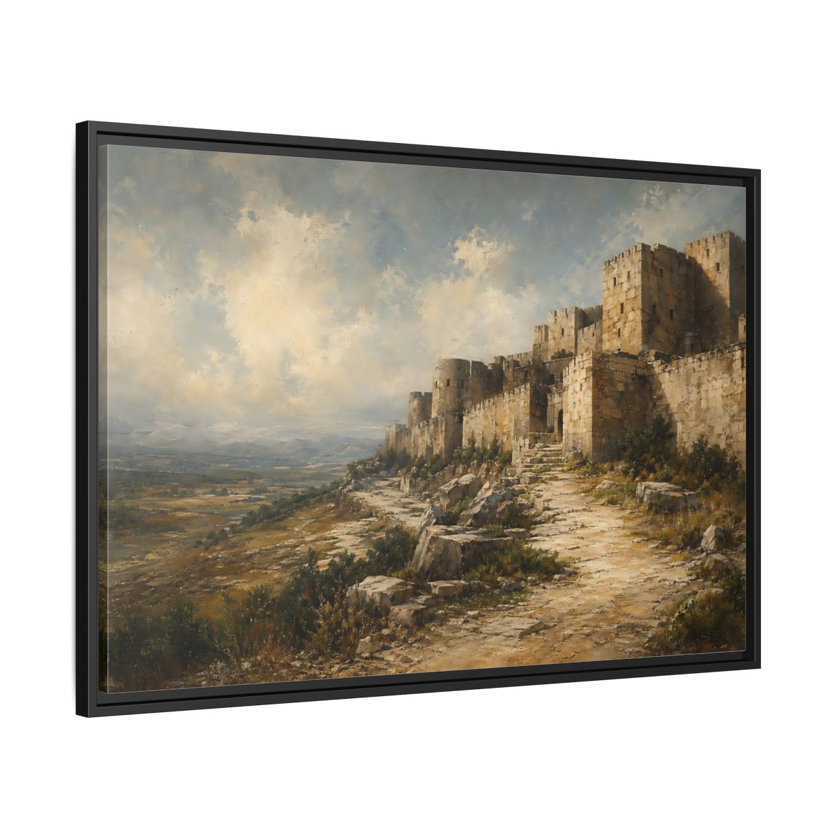 Side Mockup 13. Vintage Stone Fortress Brown And Gray shown as stretched canvas wall art