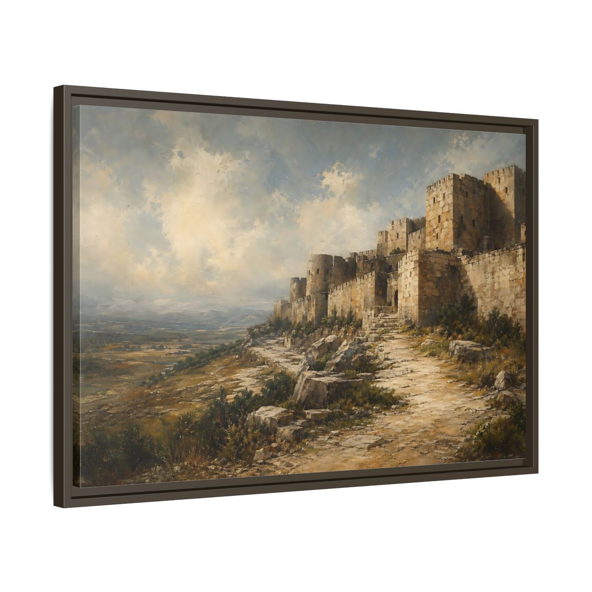 Side Mockup 11. Vintage Stone Fortress Brown And Gray shown as stretched canvas wall art