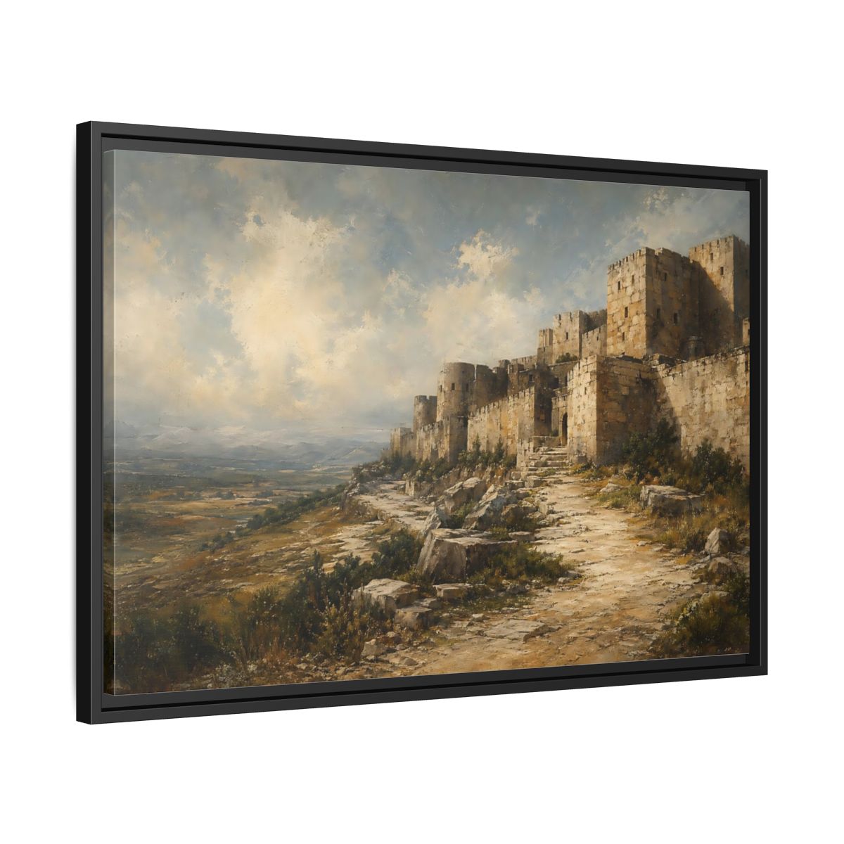 Side Mockup 14. Vintage Stone Fortress Brown And Gray shown as stretched canvas wall art