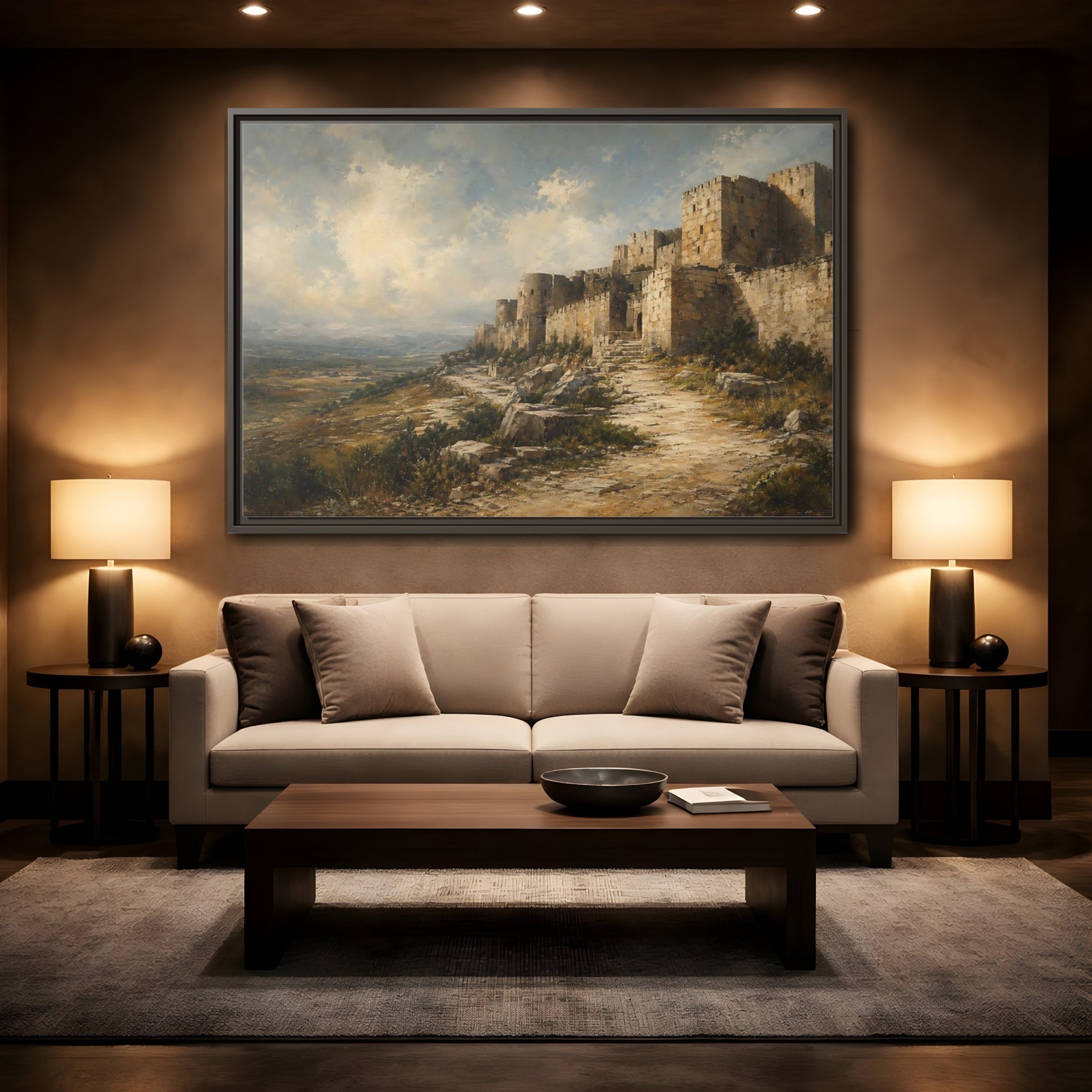 Mockup 2. Vintage Stone Fortress Brown And Gray shown as stretched canvas wall art