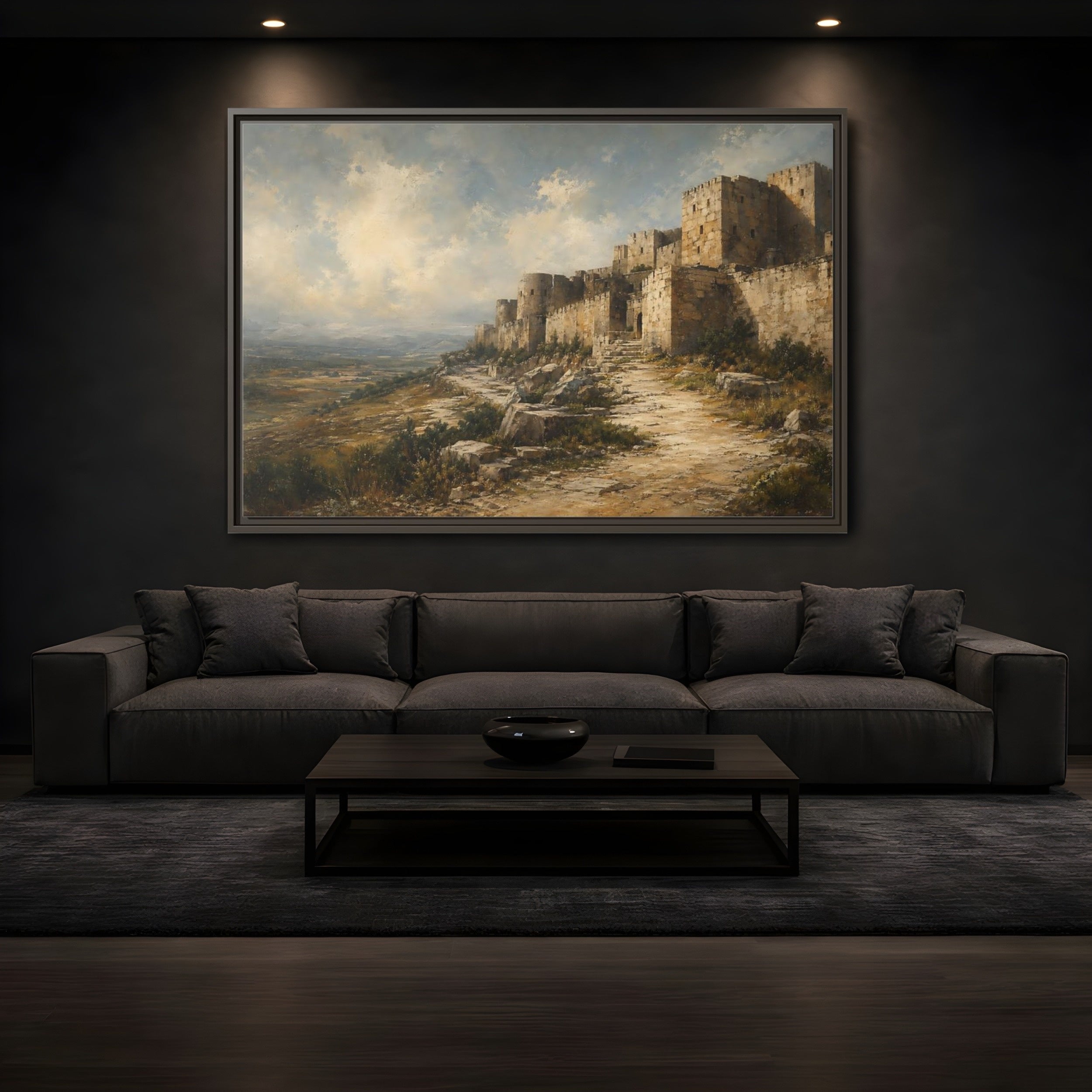 Mockup 3. Vintage Stone Fortress Brown And Gray shown as stretched canvas wall art