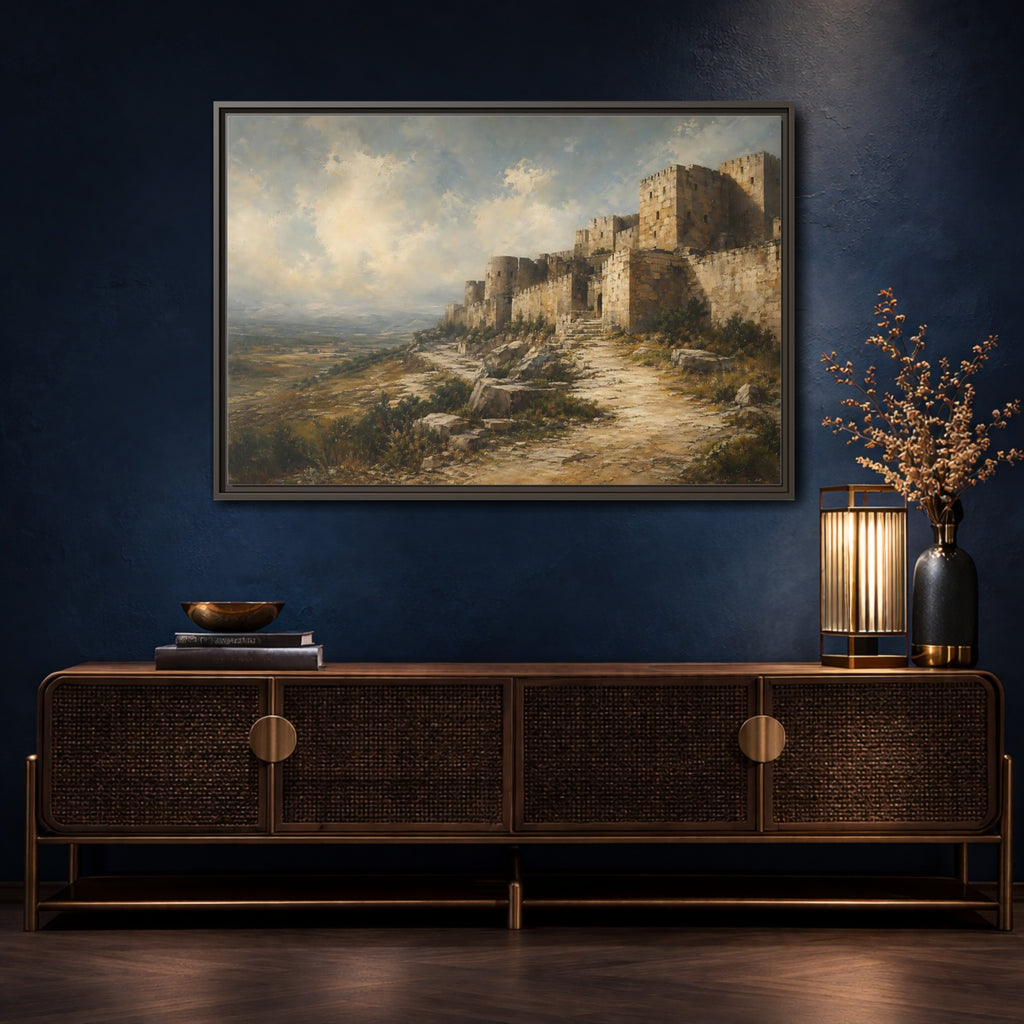 Mockup 4. Vintage Stone Fortress Brown And Gray shown as stretched canvas wall art