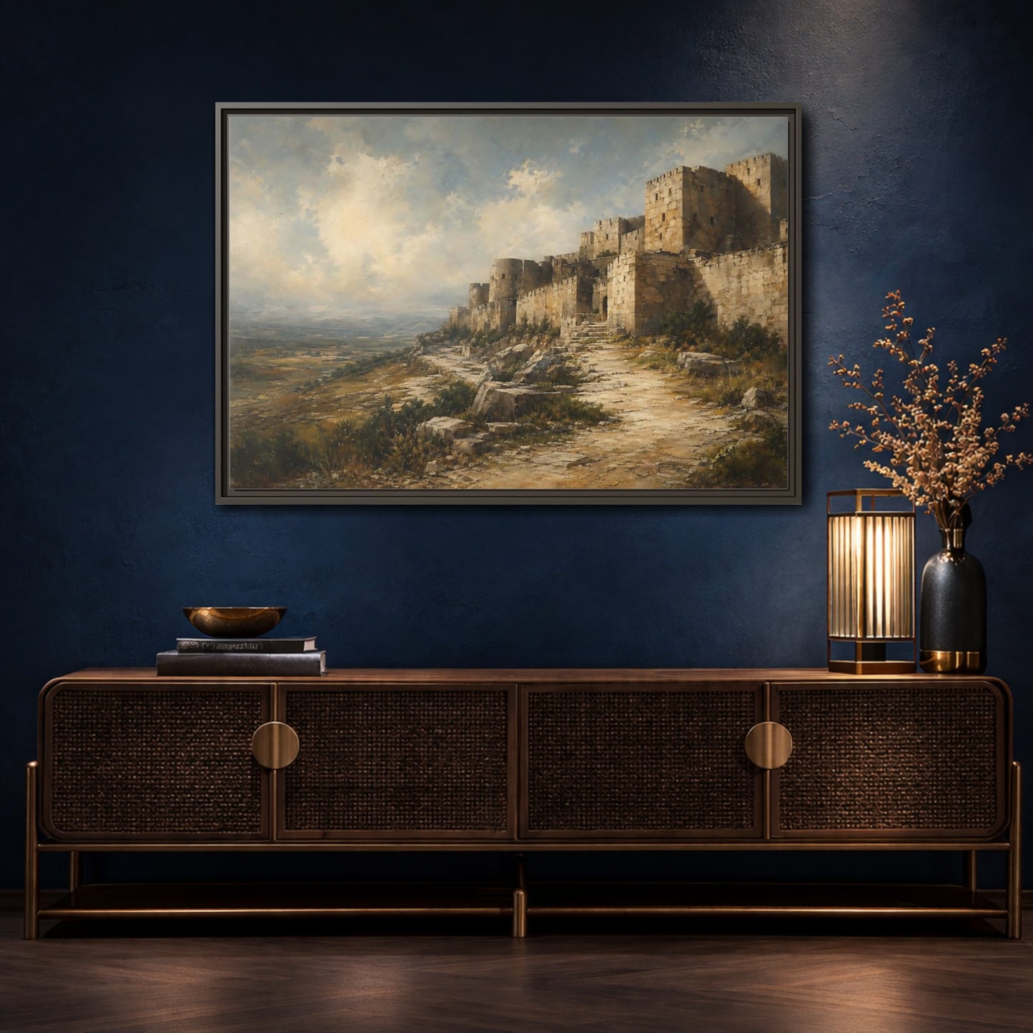 Mockup 4. Vintage Stone Fortress Brown And Gray shown as stretched canvas wall art