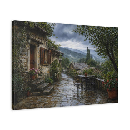 Side Mockup 3. Vintage Stone Village Rainy Village shown as stretched canvas wall art