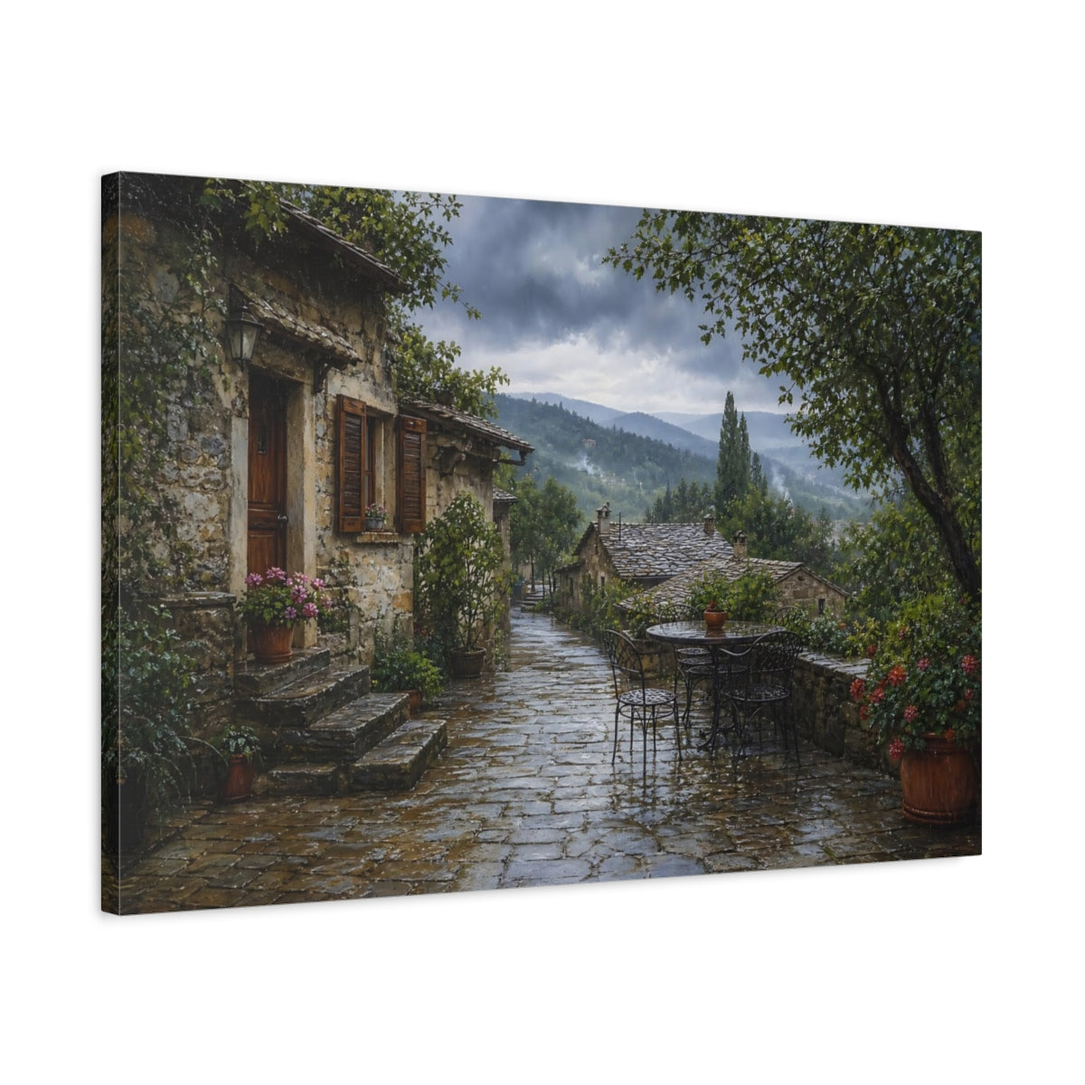 Side Mockup 2. Vintage Stone Village Rainy Village shown as stretched canvas wall art
