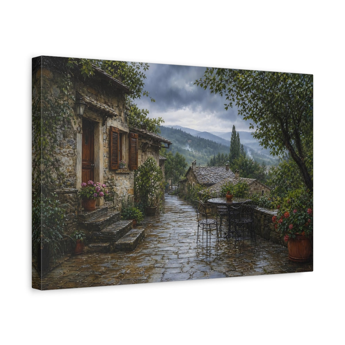 Side Mockup 4. Vintage Stone Village Rainy Village shown as stretched canvas wall art
