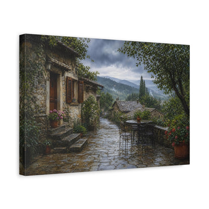 Side Mockup 4. Vintage Stone Village Rainy Village shown as stretched canvas wall art